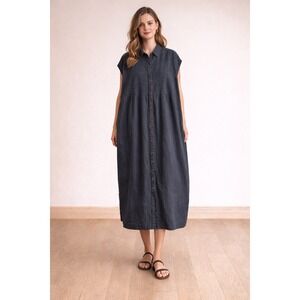 Vintage Kiko Woman Maxi 100% Pintuck Linen Black Button Down Lagenlook Dress